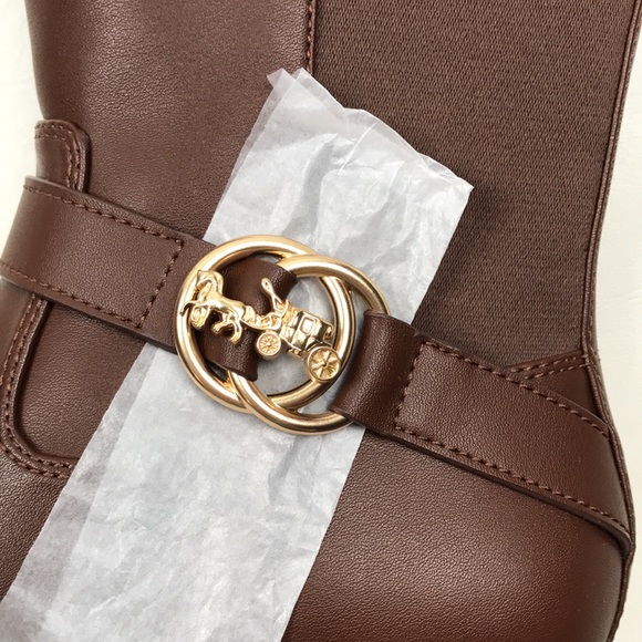 COACH Farrah Brown Leather Tall Riding Boots Logo Buckle NEW NWOB - Picture 3 of 16